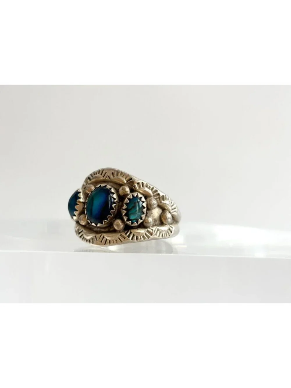 Navajo Blue Abalone Gemstone Southwest Sterling Silver 925 Vintage Ring - sz 10